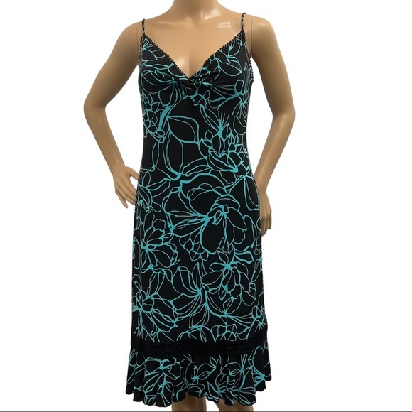 Vtg Tadashi 2000s Dress S Black Midi Floral Ric Rac Lace V Neck Spaghetti Straps - Picture 1 of 12